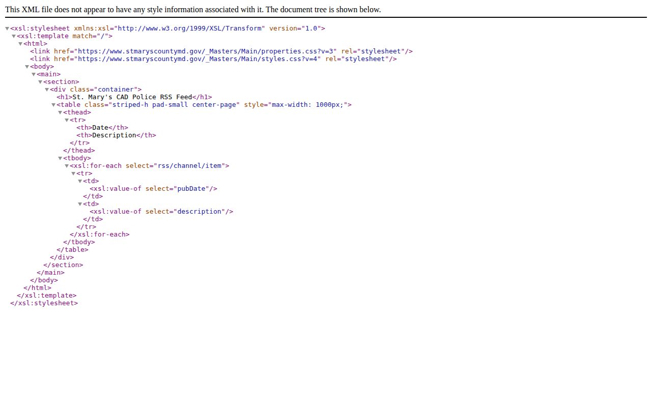 St. Mary's County official CAD Police incident table interface