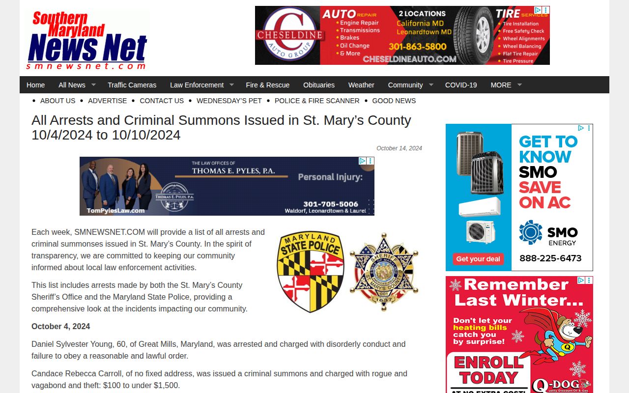 Southern Maryland News Net dated St. Mary's arrest and criminal summons period list