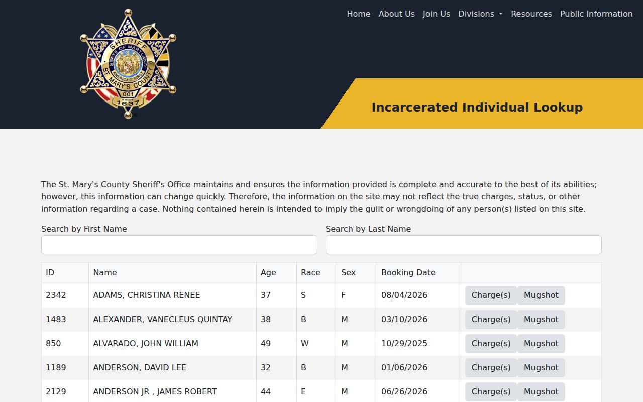 St. Mary's County Sheriff incarcerated individual lookup