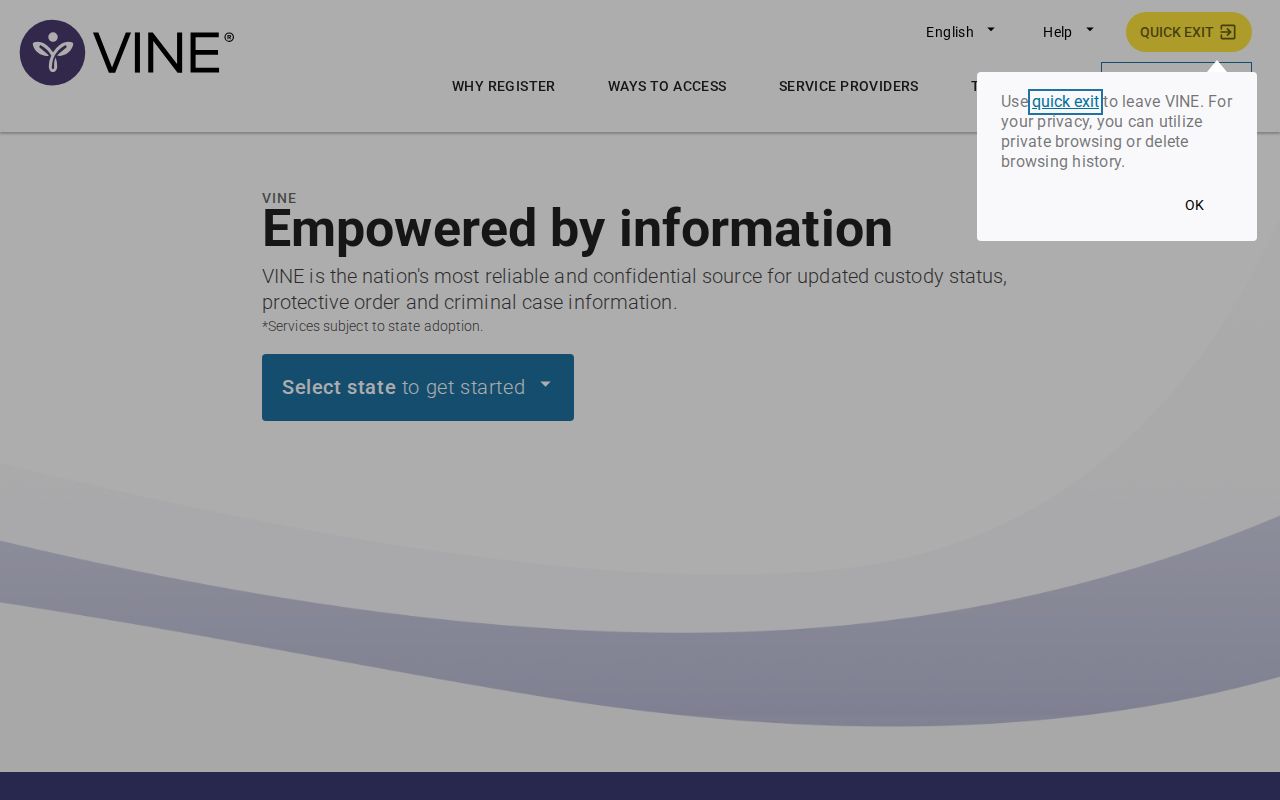 VINELink public service entry screen for custody information and notifications