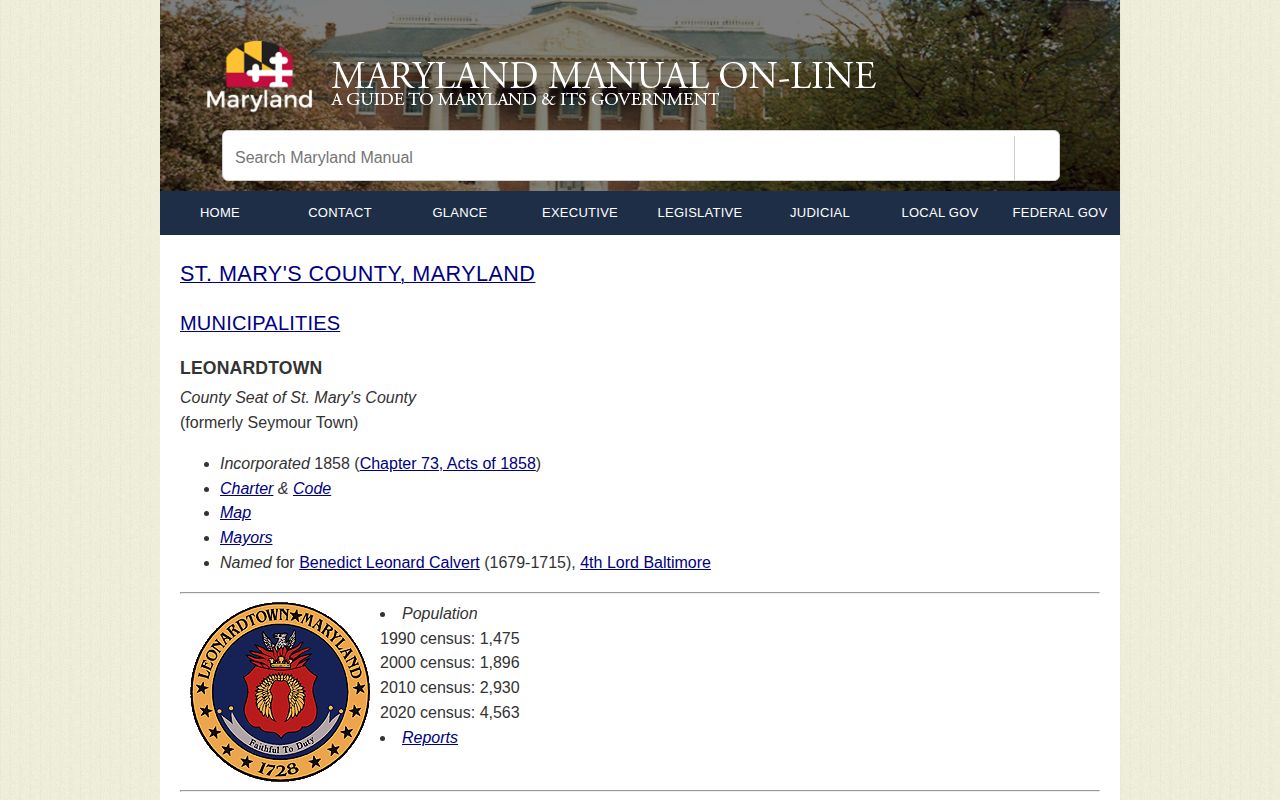 Maryland State Archives municipal profile for Leonardtown