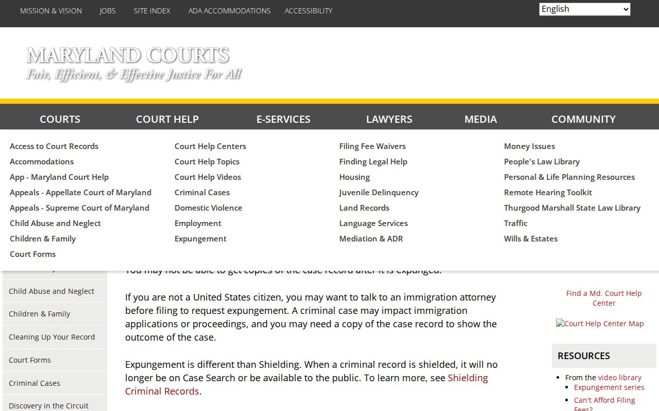 Maryland Courts expungement guidance page
