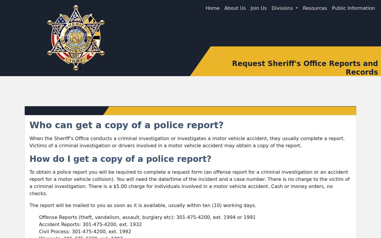 St. Mary's County Sheriff reports and records page